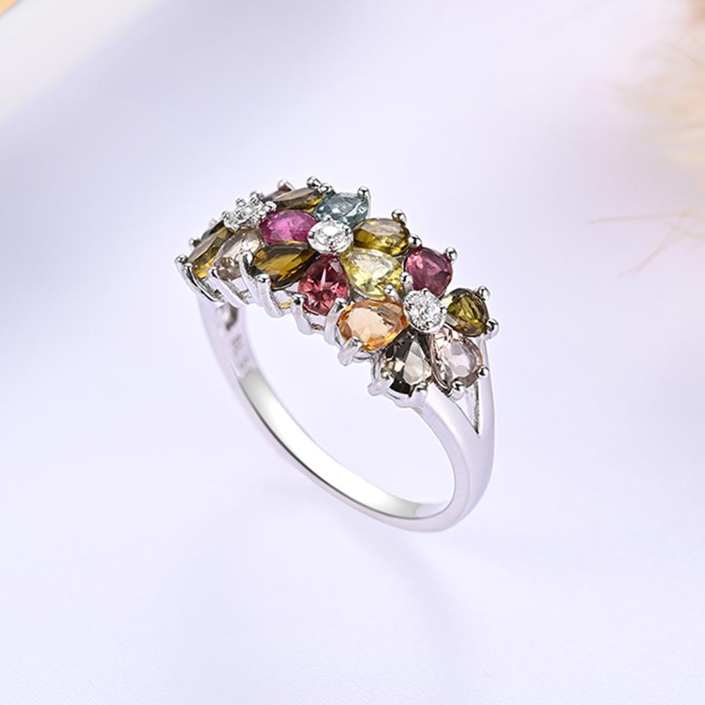 Natural Multi-Tourmaline Women Ring Flower Design 925 Sterling Silver Ring for Wedding Banquet Party Gift