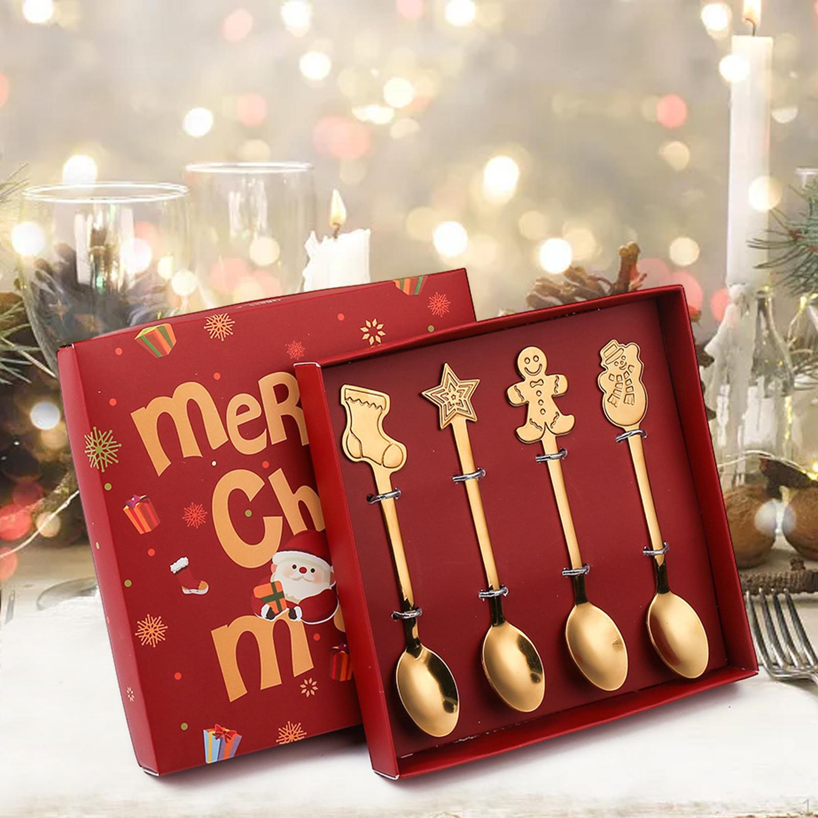 

Рождественские столовые приборы с подарочной коробкой, десертная ложка из нержавеющей стали, многоцелевые многоразовые столовые приборы 4pcs