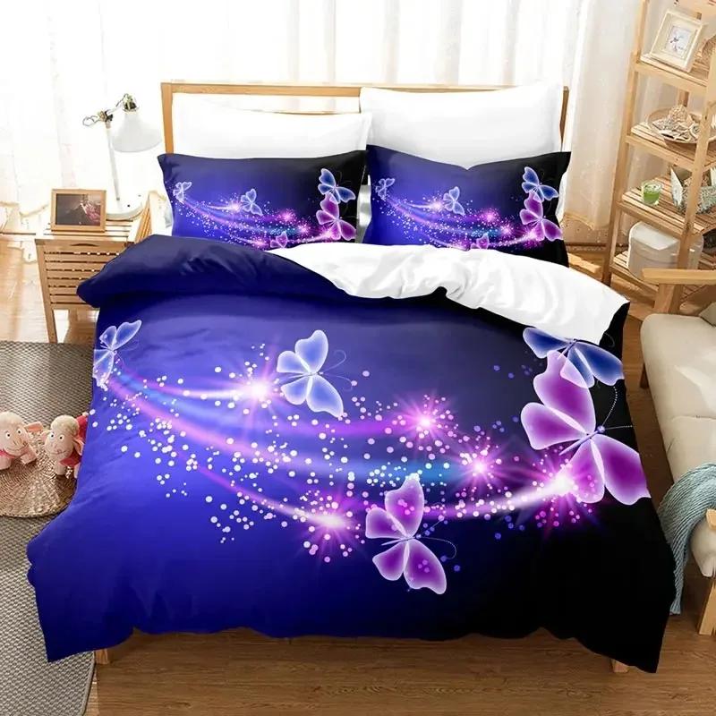 Purple Bedding Set Violets Dog Duvet Cover Quilt Cover 3D Lavender Butterfly Double For Full King Queen Twin Single Size