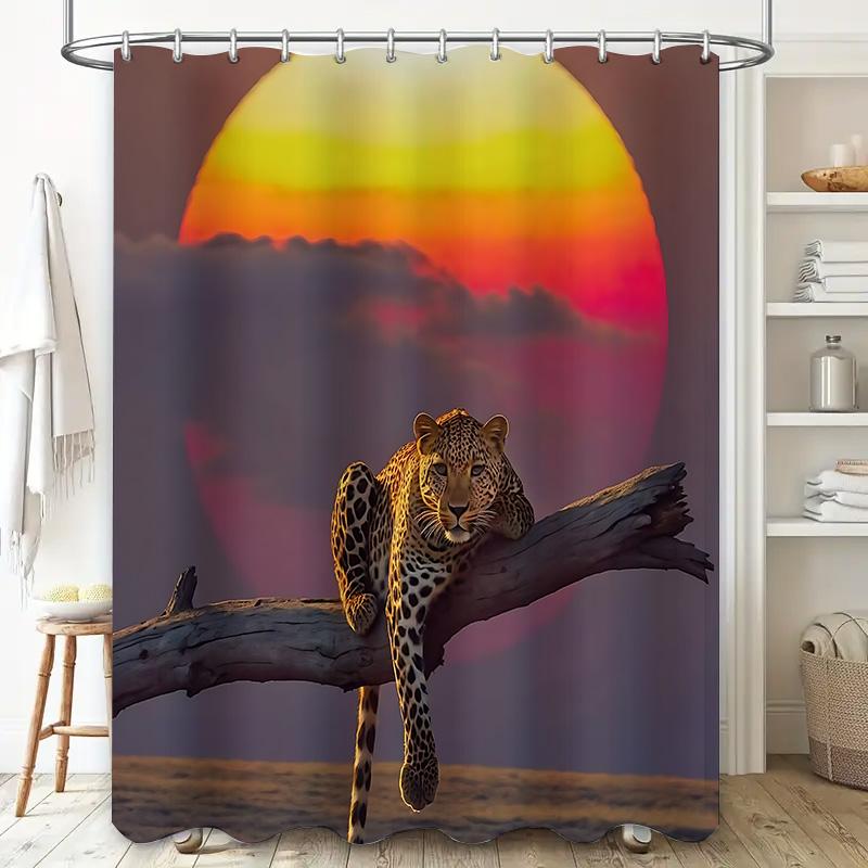 Leopard Sunset Wall Hanging Decor - Unique Home Decor Shower Curtain For Bathroom - Vibrant Wildlife Print Waterproof Durable