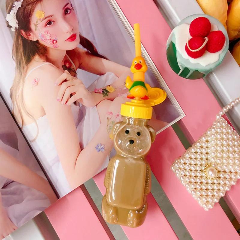 Cute Creative Portable Water Bottle Student Personalized Straw Traveling Plastic Cup Bear Transparent Bottle Child Water Bottles