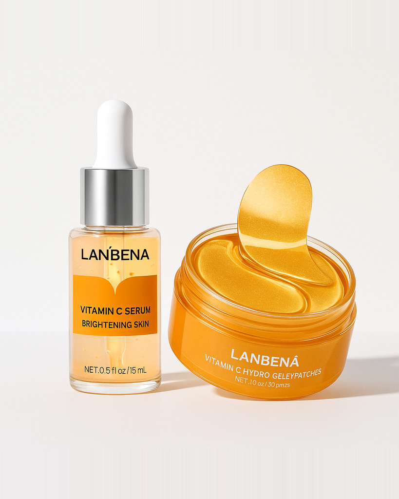 LANBENA Vitamin C Skincare Series 2 Pcs Set Whitening Serum Eye Masks Speckle Fade Dark Spots Dark Circles Anti-Aging
