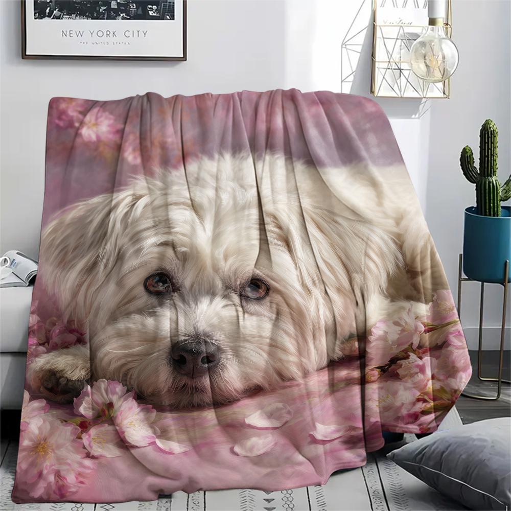 Maltese dog and flowers,pattern Flannel Blanket, High quality Comfortable for All Seasons, Home Decor, Warmth and Comfort, Perfect for Gifts.
