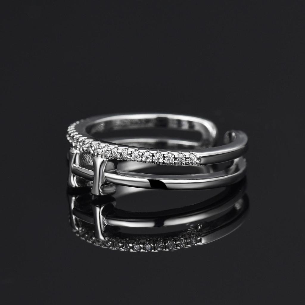 Korean Style Women's Double-Layer H Ring with Full Diamond Inlay - Elegant & Luxurious