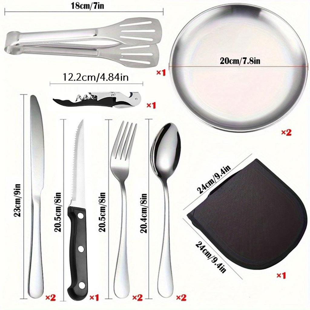 Stainless Steel Outdoor Cutlery Set with BBQ Plate, Tongs, Camping Knife, Fork, Spoon, and Portable Storage Bag