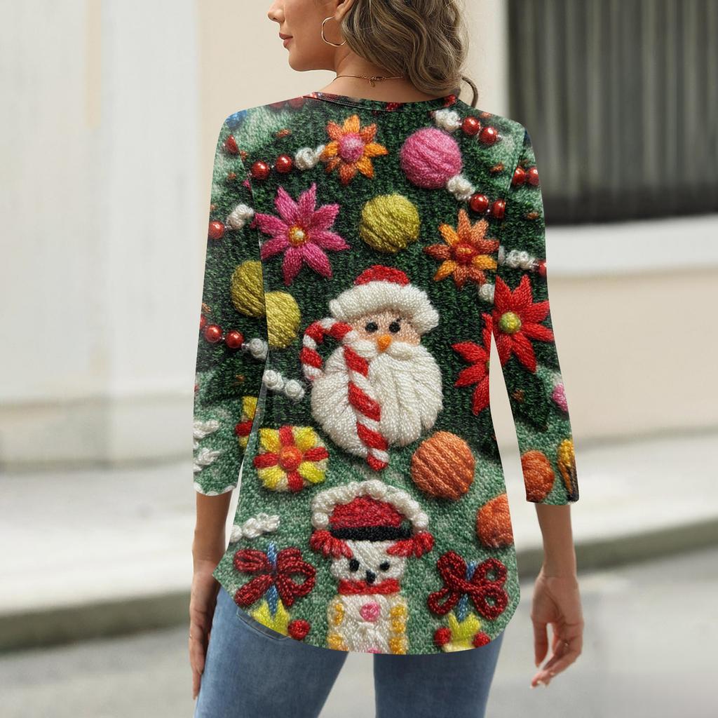 Women's Fashionable Casual Three Quarter Sleeve Christmas Printed Round Neck Top