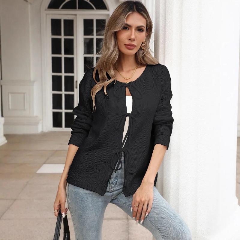 Tie Straps Outside Casual Sweater Cardigan Knitted  Jacket Women's Round Neck Bow