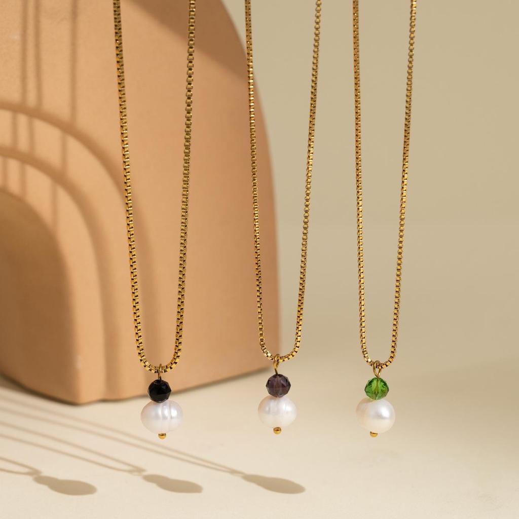 European Style Natural Pearl & Multicolor Crystal Necklace - Stainless Steel Women's Clavicle Chain
