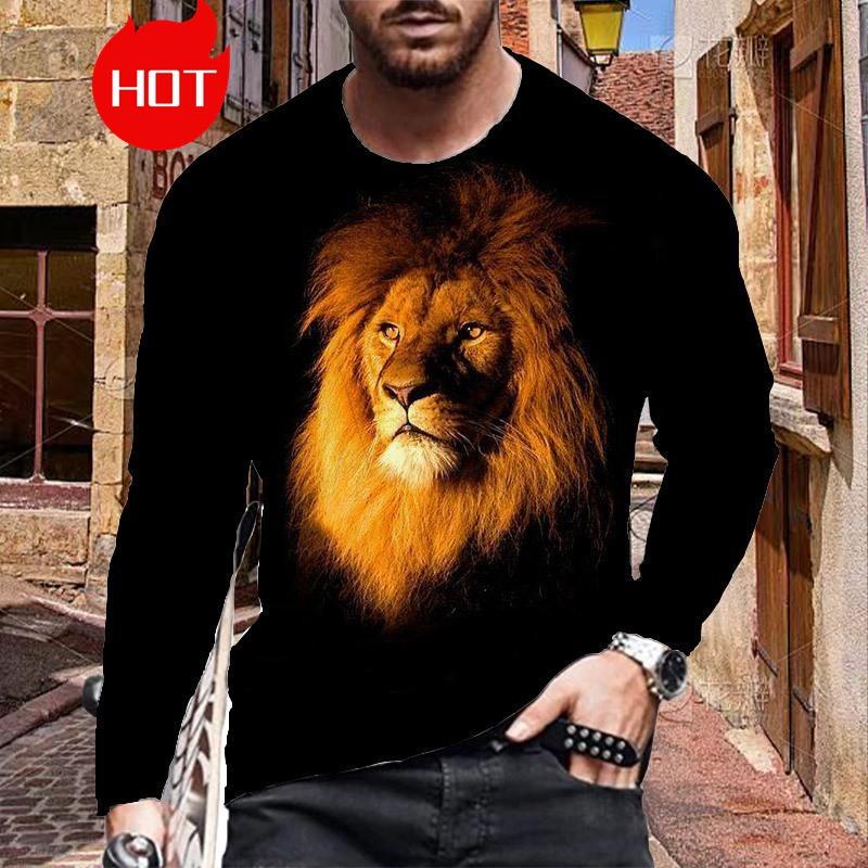 Men's Long Sleeve T-Shirt Fashionable Print Lion Graphic Street Style Casual Crew Neck Top For Autumn Spring Season Clothing