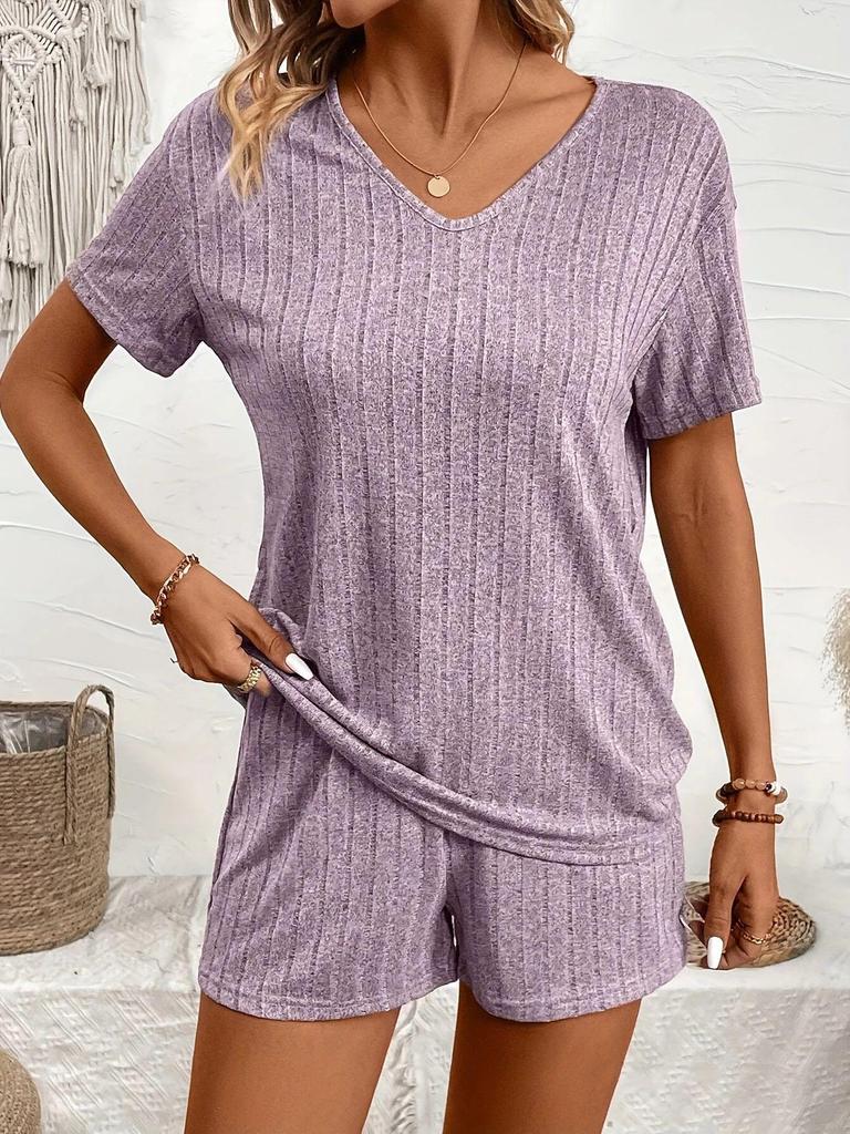 2025 Summer European & American Style V-Neck T-Shirt and Shorts Pajama Set for Women