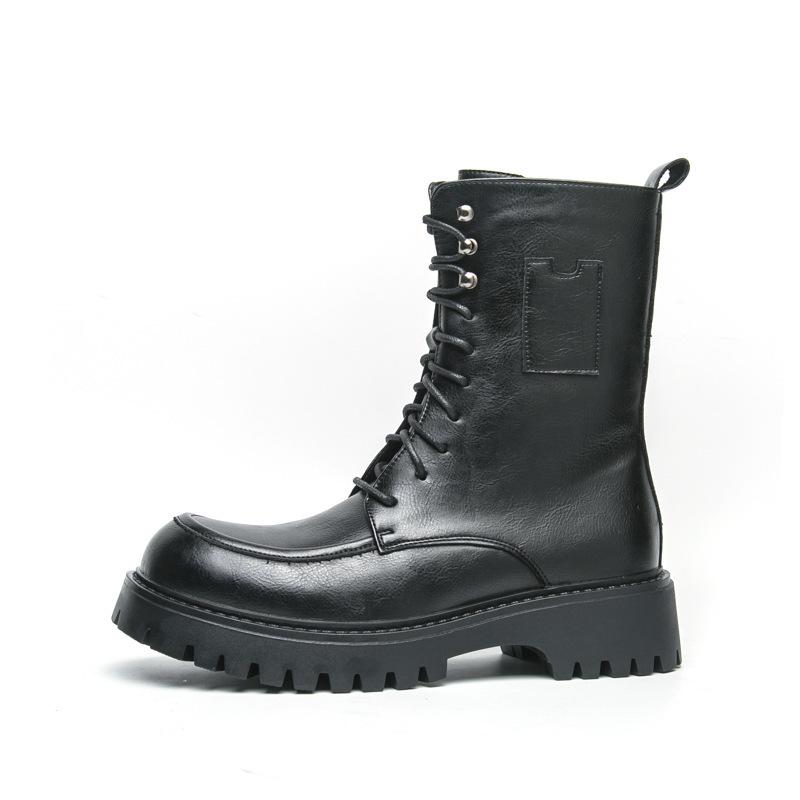 Men's British Style Leather High-Top Martin Boots - Autumn/Winter, Thick Sole, Height-Increasing, Long Lace-Up, Motorcycle Design.