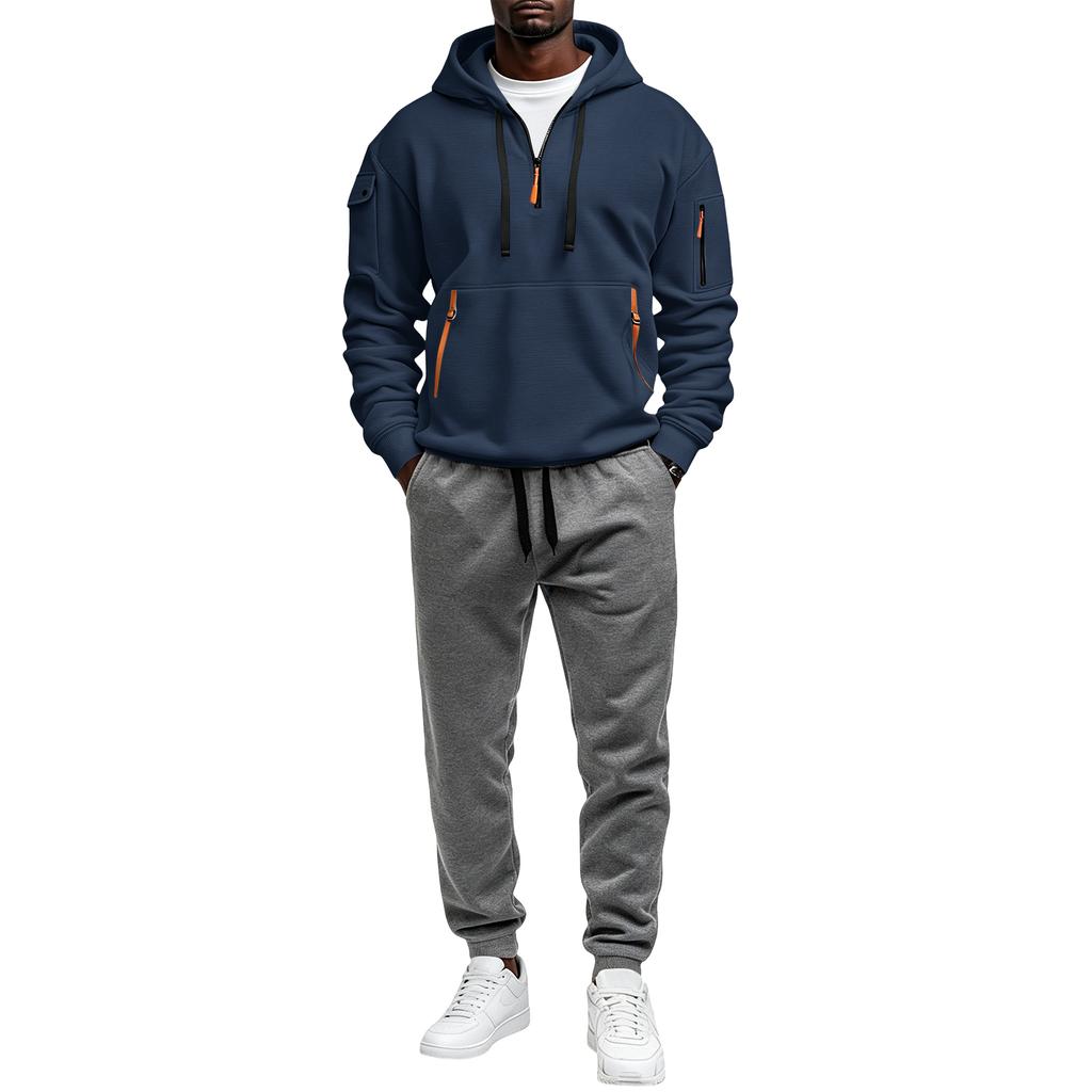 Men's Lined Hoodie Sweatshirt Set with Zipper and Multiple Pockets Casual Winter Outfit