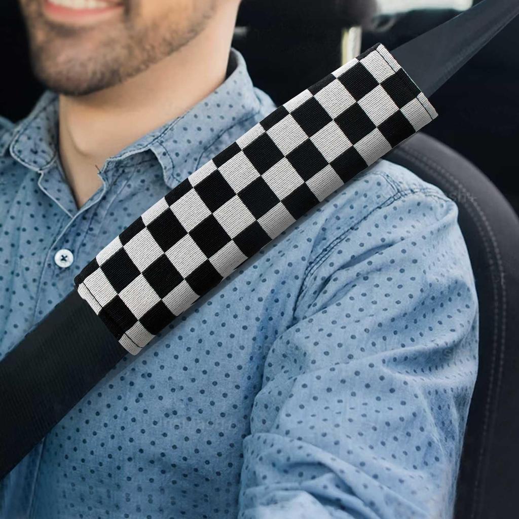 Yumikoo 2 Pack Checkered Seat Belt Covers, Black White Shoulder Pads | Soft Padded Checkered Covers Help Reduce Shoulder Pressure and Add Racing