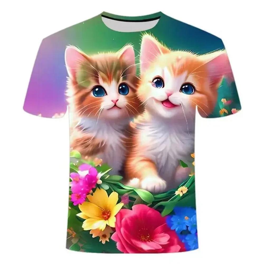 Short-sleeve cute cat print children's summer clothing, cartoon girls' pretty and beautiful top, casual round-neck T-shirt