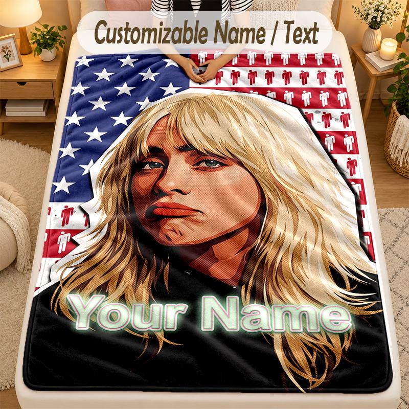 Flannel BlanketBillie Eilish Custom Name Text Personalized Soft Warm Throw Blanket Home Decor Gift