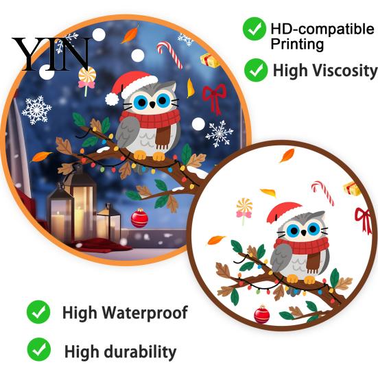 Festive Home Beautification Supplies Cute Christmas Owl Window Sticker, Snowy Branch Candy Glass Decal, Waterproof Self Adhesive Seasonal Wall