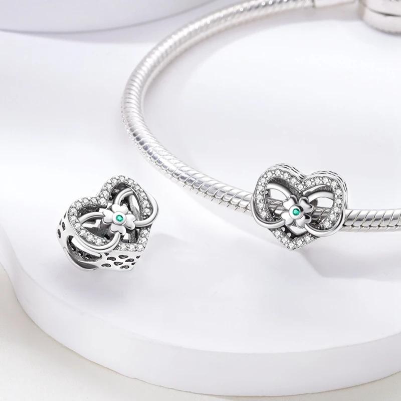 Шарм Медный Четырехлистник Бесконечное Сердце Бусина Подходит для Шармов Plata Настоящие Браслеты Женские Украшения Ручная Работа Подарок