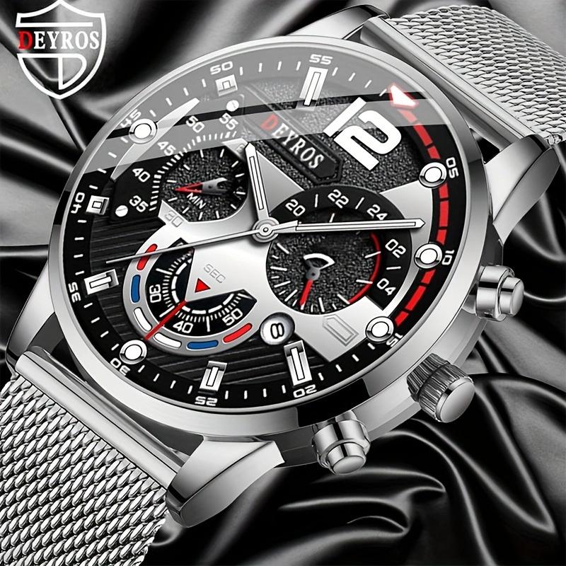 

Мужские модные кварцевые часы с календарем, повседневные наручные часы с сетчатым ремешком из нержавеющей стали, лучшие подарки для него