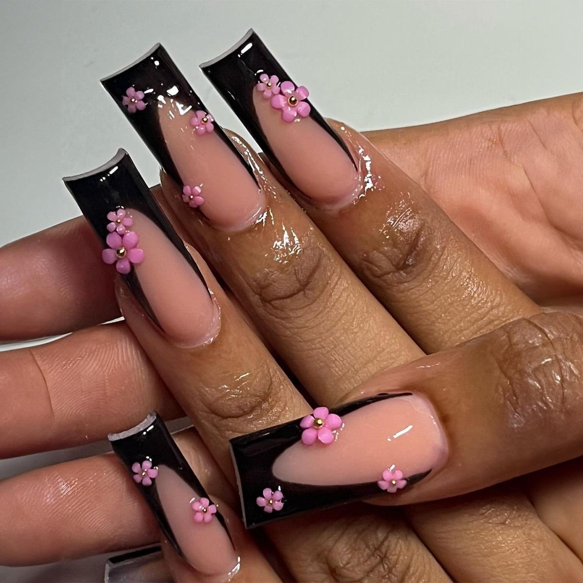 

European & American Long Black Glitter 3D Floral Press-On Nails