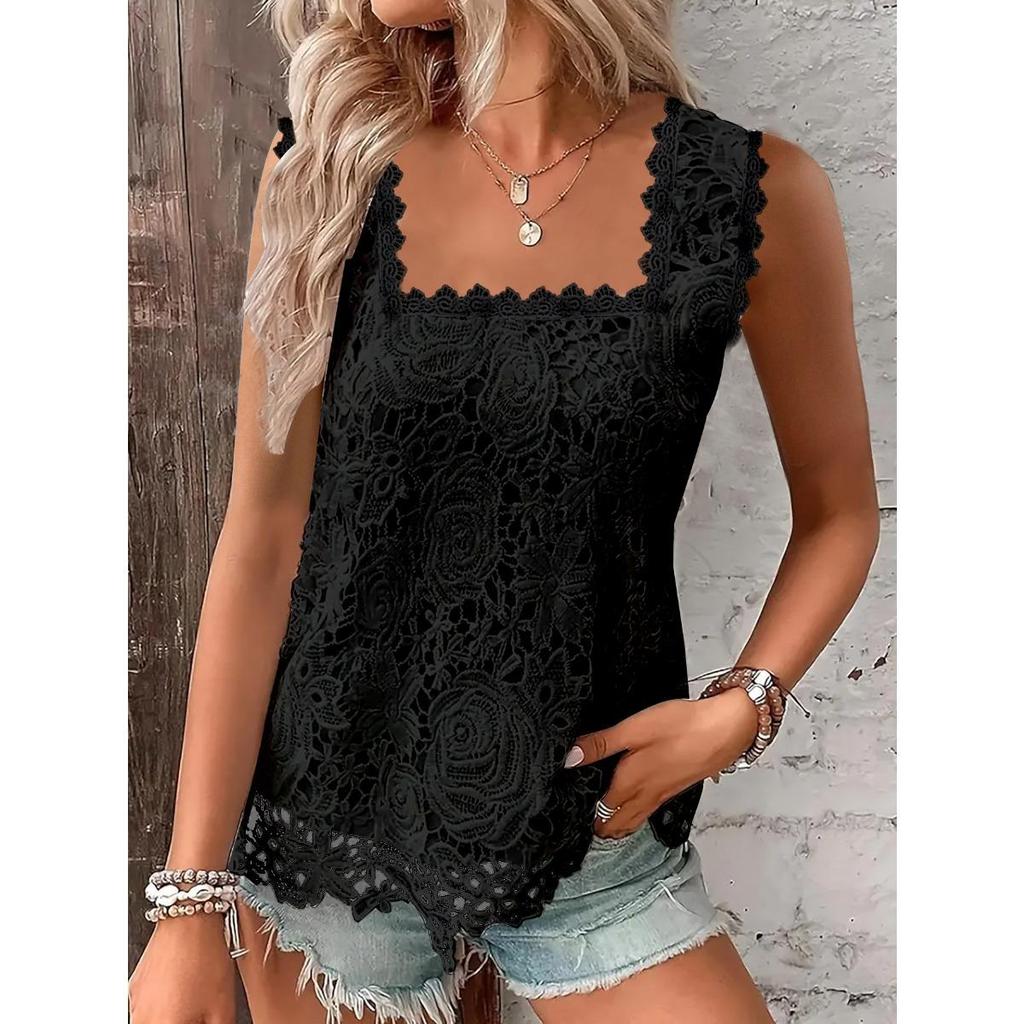 Summer New Arrival Square Neck Lace Sleeveless Vest Top, Hot Selling