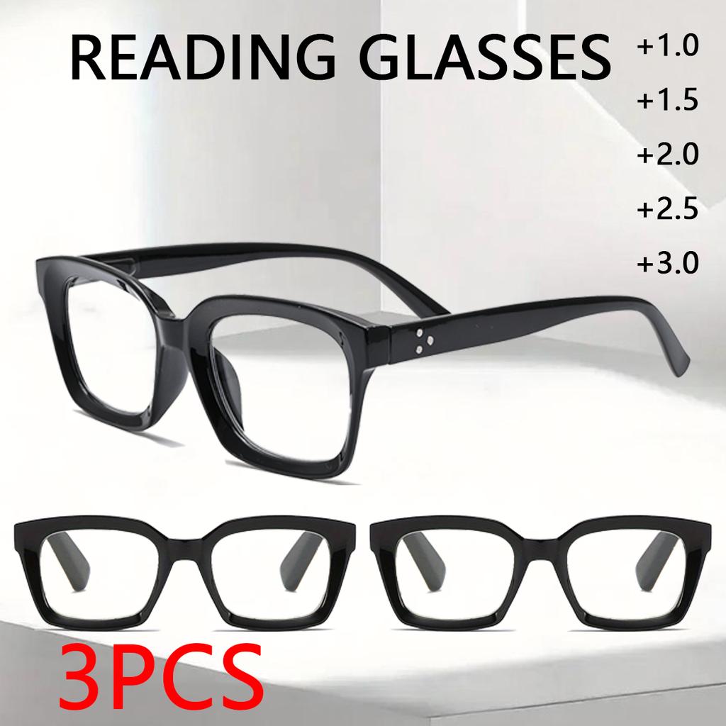 3 Stück Unisex Vintage Schwarze Blaulichtfilter Brillen Retro Mode Quadratische Brillenrahmen Übergröße Rahmen Brillen +1,0 bis +3,0
