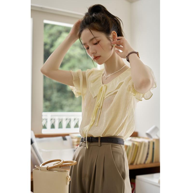 

Mishow шифоновые рубашки с короткими рукавами и оборками для женщин, летние рубашки на шнуровке, французские винтажные рубашки с v-образным вырезом и пышными рукавами, милая блузка, женская одежда MXC21X0011 S бежевый