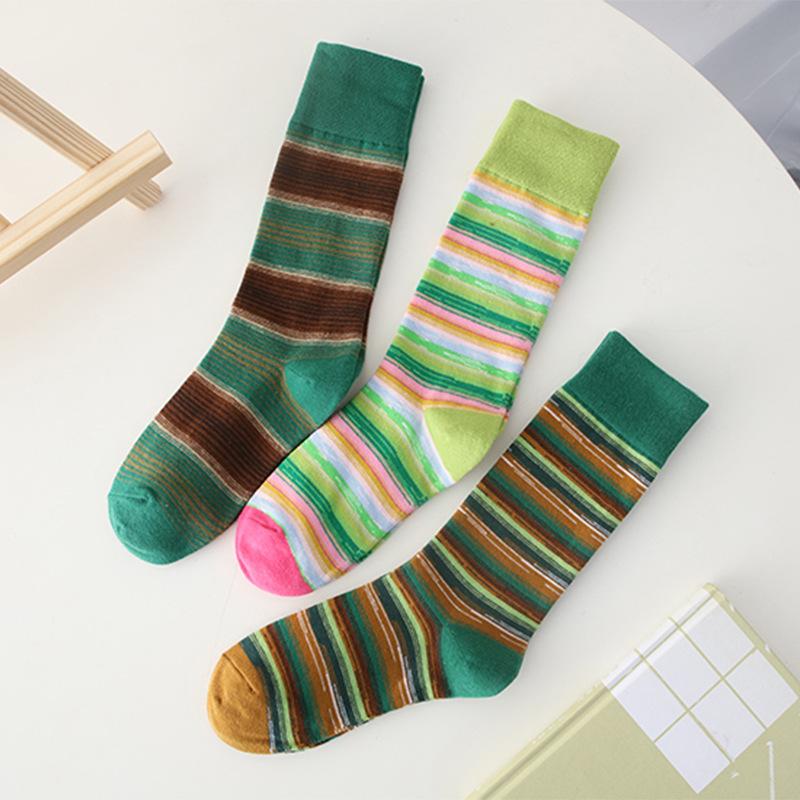 Ladies Spring and Autumn Color Assorted Striped College Wind Tube Cotton Socks