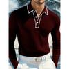 Men's White Ribbed Knit Contrast Trim Long Sleeve Polo Shirt