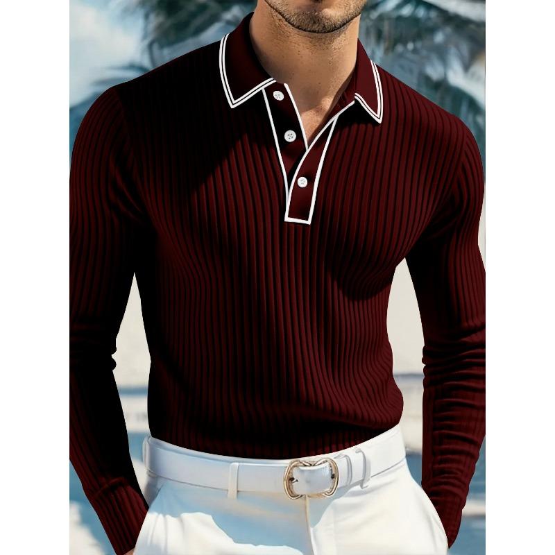 Men's White Ribbed Knit Contrast Trim Long Sleeve Polo Shirt