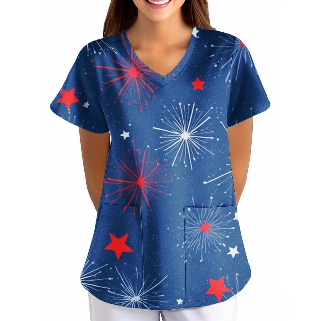 Womens V Neck Short Sleeve Printed Scrub Top Loose Fit with Pocket Comfortable Soft Material for Healthcare Uniforms
