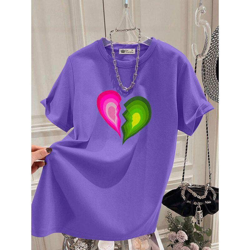 Women Clothing Fashion Hand-Painted Love Print T-shirts Summer Loose O-neck Short Sleeve Tee Office Lady Pure Cotton Basic Tops