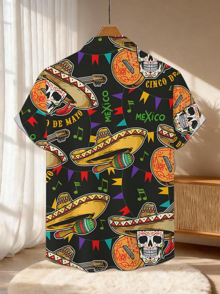 New Men'S Casual Short Sleeve Shirt Day of The Dead Themed Elements Full Print Mexican Festival Style Pattern Holiday Party Commuting Versatile