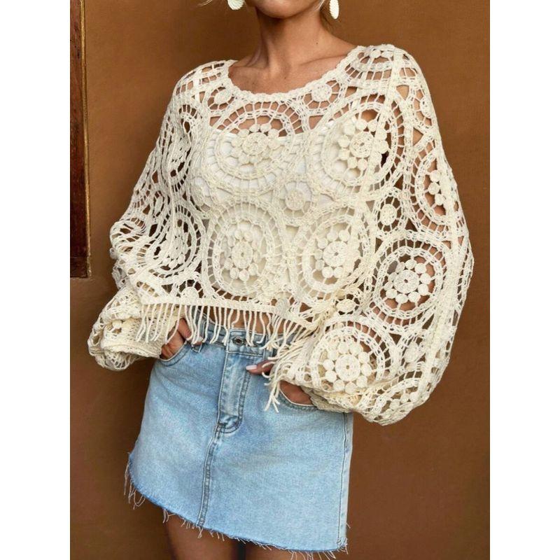 New Arrival Fashion Fashion Round Neck Knitting Crocheted Cut Out Loose Batwing Long Sleeve Blouse Air Conditioning Shirt Sun Protection Clothing