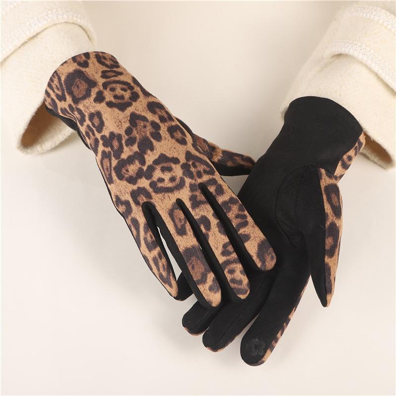 Leopard Print Gloves Women's Instagram Style Design Thickened Riding and Driving Gloves