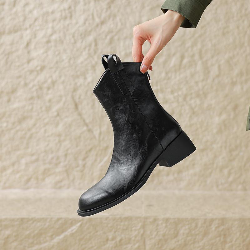 Fashion 2025 New Autumn/Winter Women Boots Round Toe Chunky Heel Boot Western Boots Zapatos De Mujer Mid-calf Boots Genuine Leather