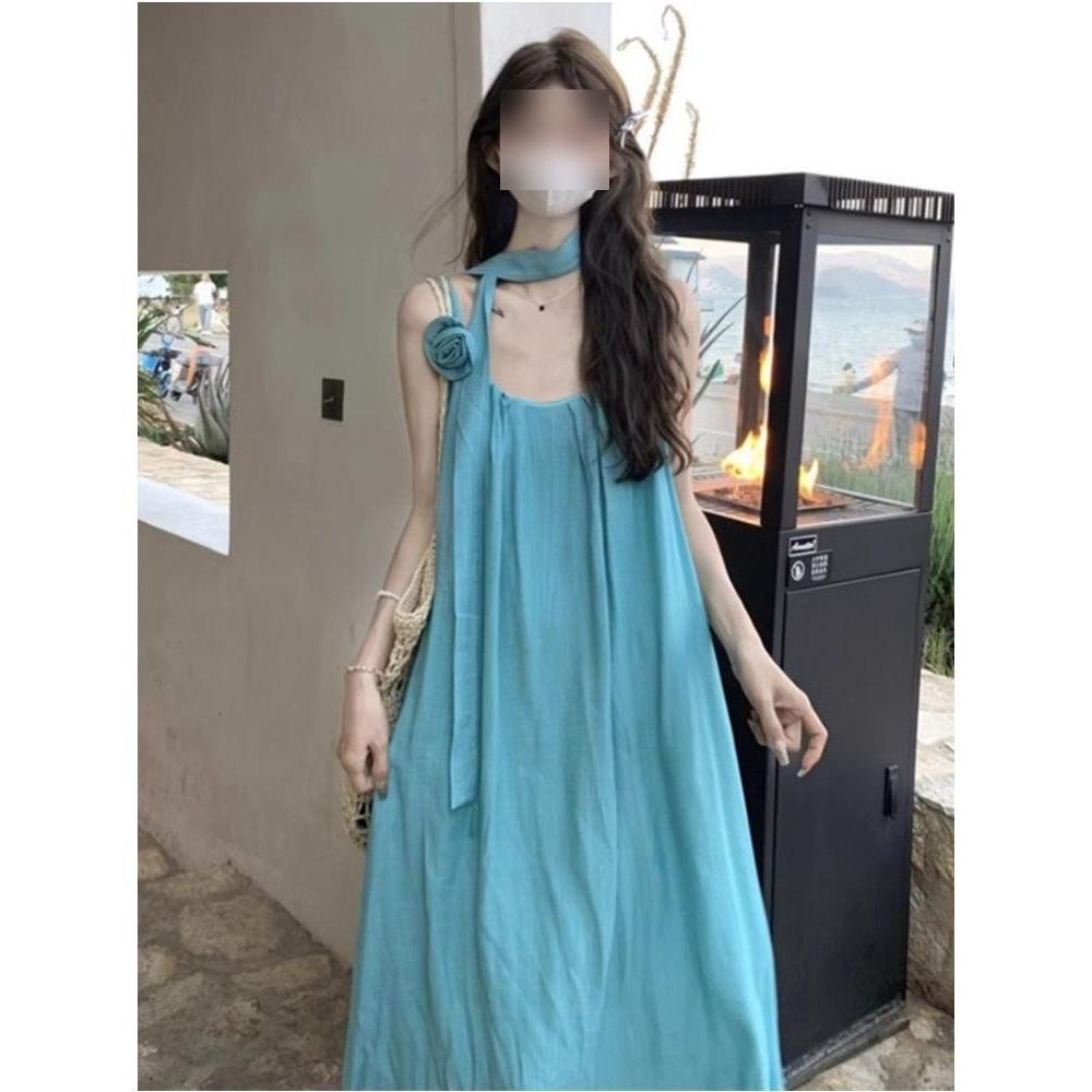 Lake Blue Halterneck Camisole Dress Women's Summer Dopamine Bright Xinjiang Outfit Resort Beach Dress