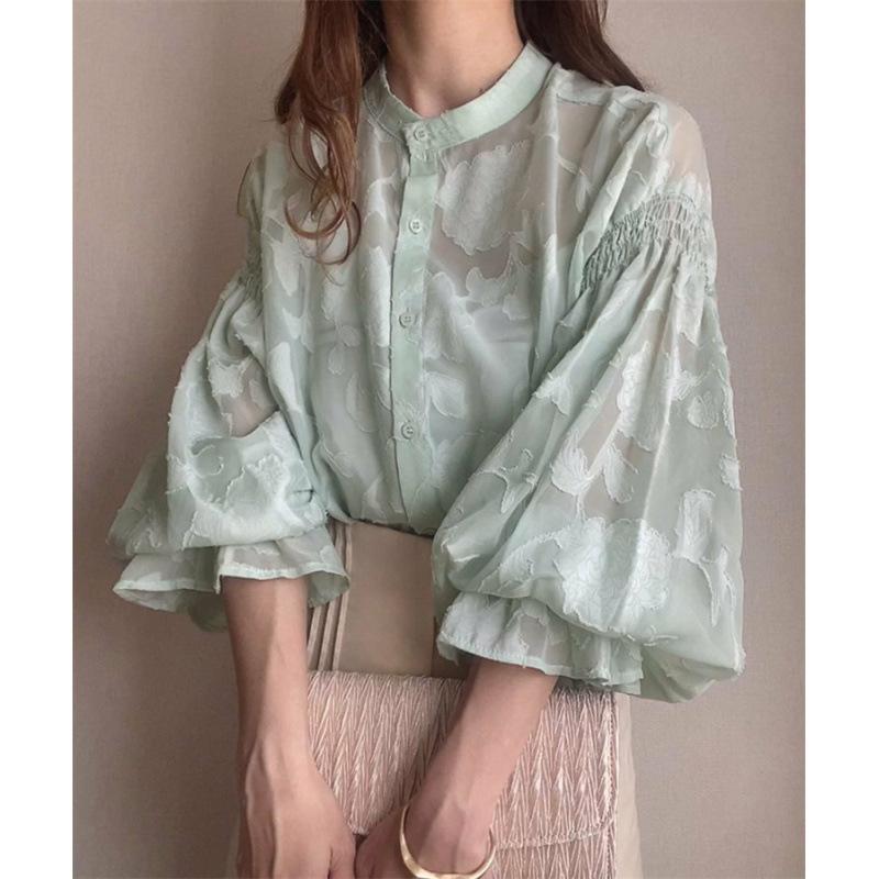 Women's Floral Jacquard Sheer Stand Collar Puff 3/4 Sleeve Oversized Casual Blouse Loose Chiffon Shirt Top