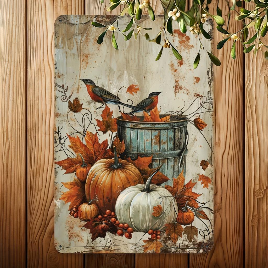 1pc Autumn Harvest Iron Metal Tin Sign, Vintage Pumpkin and Birds Wall Art, Rustic Farmhouse Decor for Home, Cafe, and Garden, I
