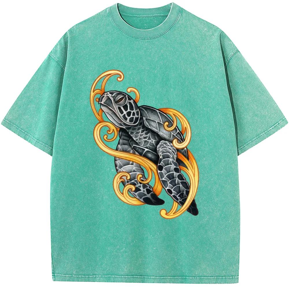 Turtle Printed Men/Women Washed T-Shirt Cotton Funny Loose Bleached Tshirt Retro Hip Hop Bleach T Shirt Tops