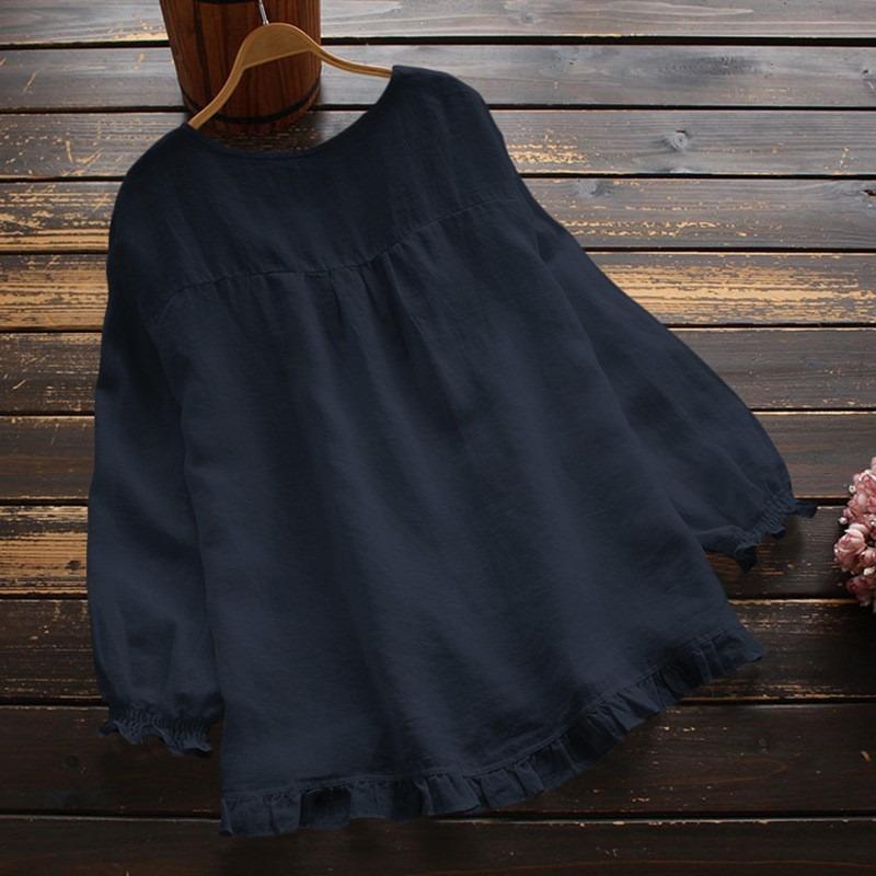 Women S Loose Fit Long Sleeve Round Neck Shirt With Ruffled Cuffs And Hem