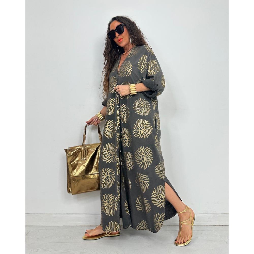 New Women's Lapel Printed and Gold-embossed Loose, Casual Long-sleeved Plum-sized Dress