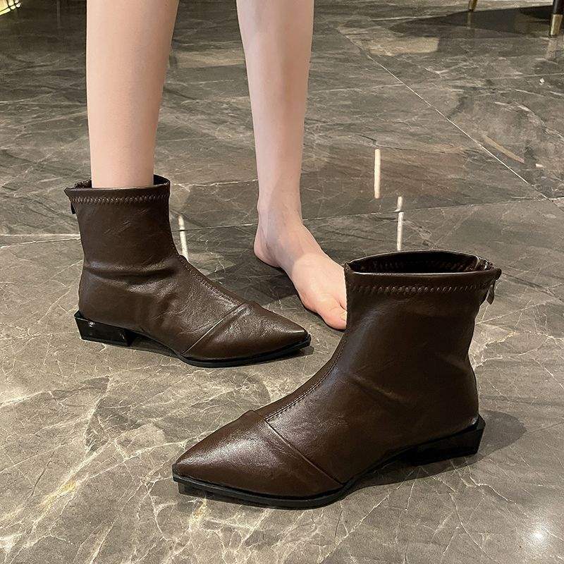 

French pointed elastic thin boots low heel 2025 autumn and winter new thick heel short boots women s retro soft leather Chelsea boots 42 коричневий