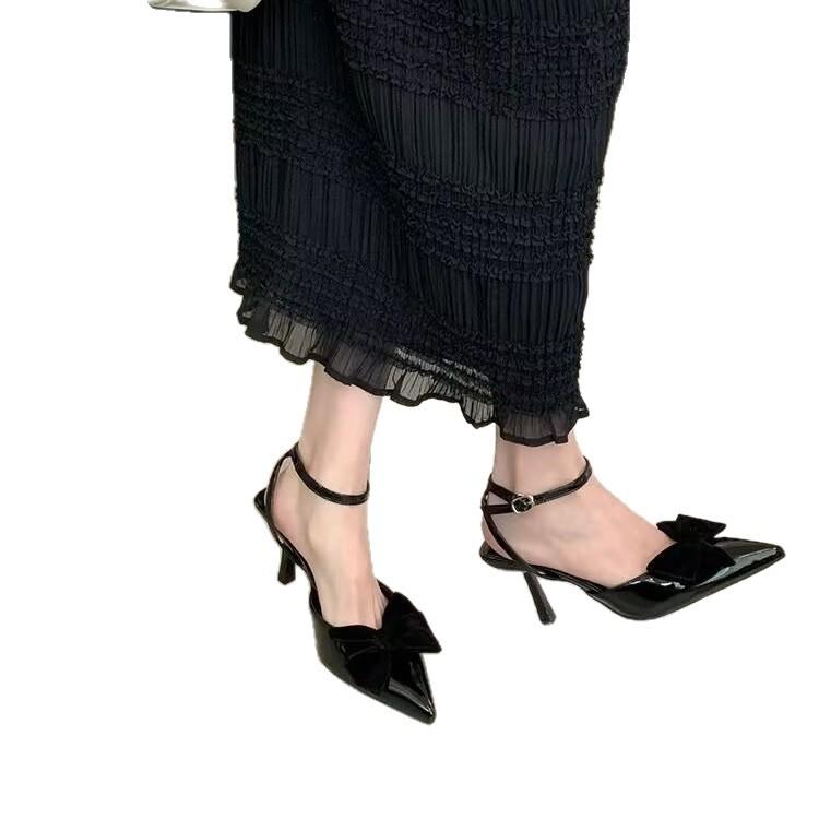 2025 summer new sandals women's pointed head bow bag head word buckle thin heel gentle high heel sandals