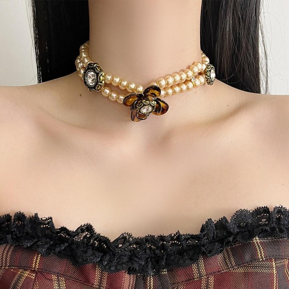Rhinestone Pearl Beaded Choker Leopard Clavicle Chain Temperament Flower Heart Necklace  Gift
