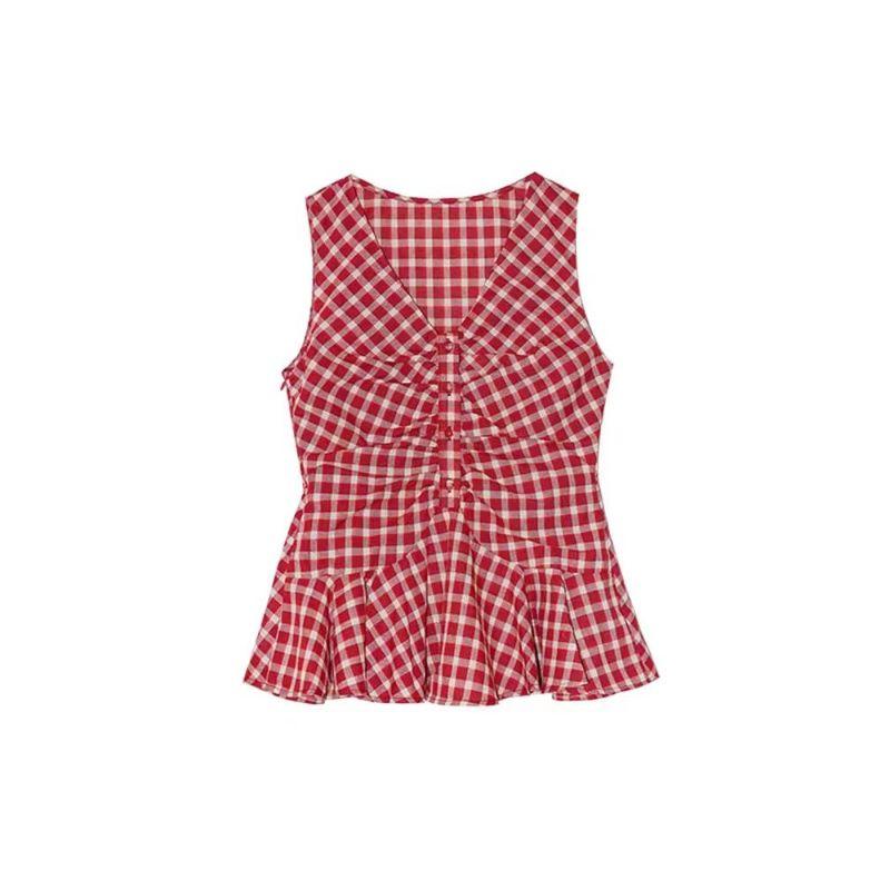 French Retro Red Plaid V Neck Camisole for Women 2026 Summer New Style Waist Slimming Look Casual Sleeveless Top Red S