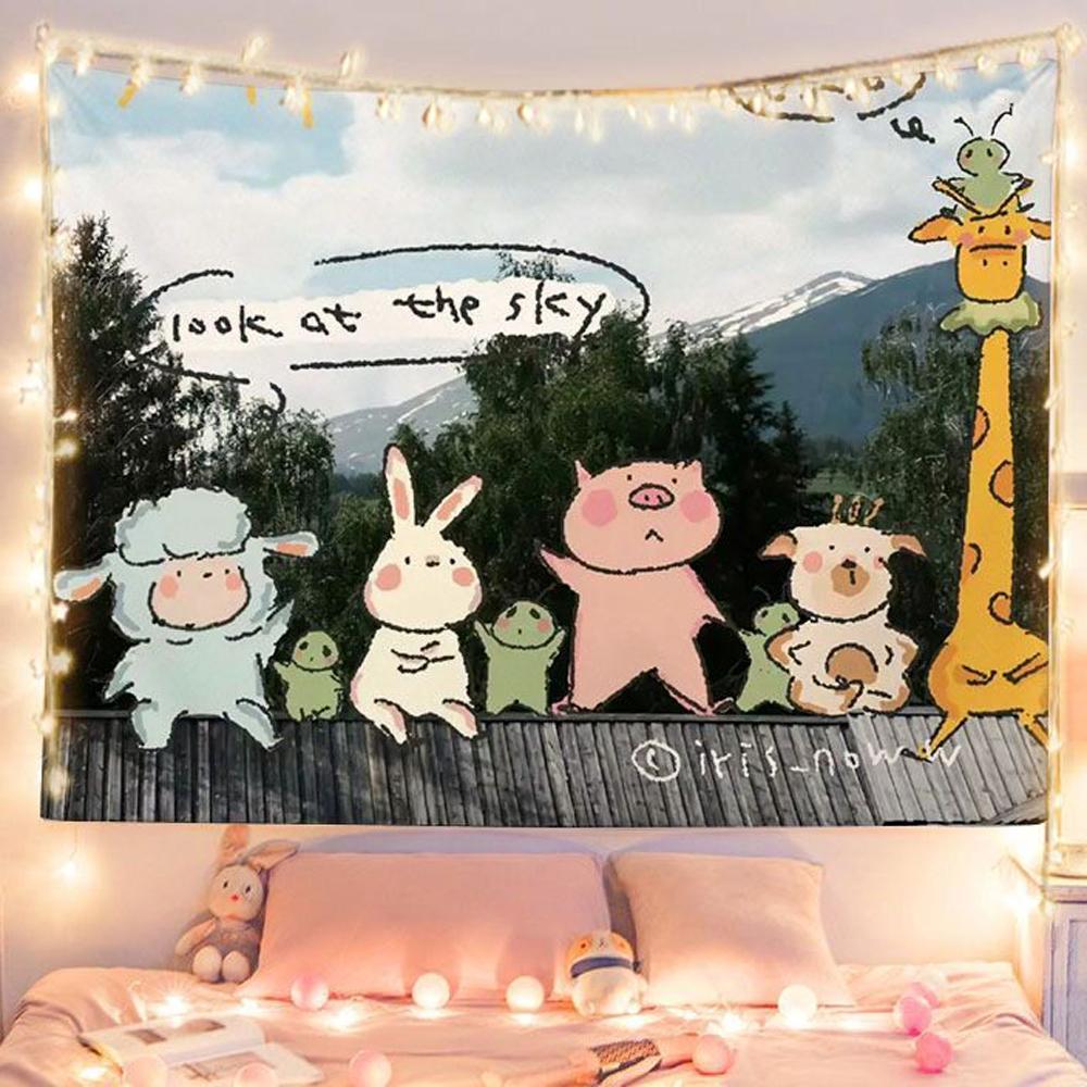Graffiti Cute Little Animals Wall Tapestry for Bedroom Dormitory Restaurant Ideal for Living Room Bedroom Decor 100X70CM