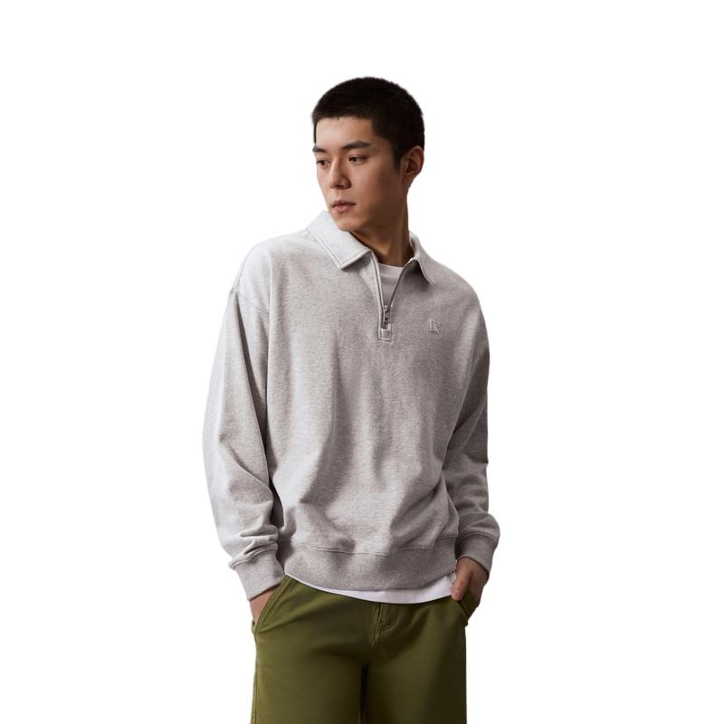 Calvin Klein Casual Embroidered Square Logo Polo Neck Pullover Long Sleeve Sweatshirt Men Sweatshirt Pearl-Gray J325051
