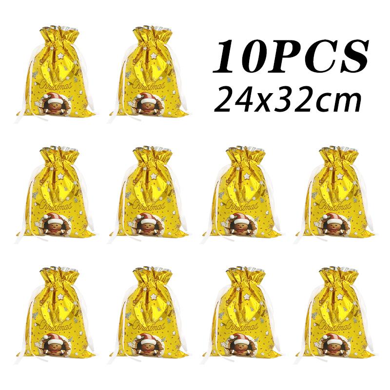 10pcs  Christmas Drawstring Gift Bag Party Children Kid Candy Gift Bag Aluminum Foil Box Happy New Year Xmas Eve 2025