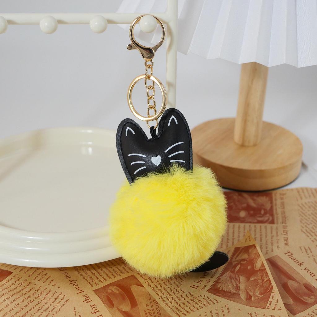 Adorable Black Cat Keychain with Faux Fur Ball Pendant
