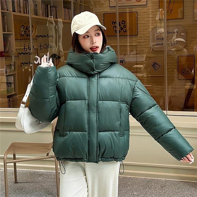 Women's Winter Puffy Hooded Puffer Jacket Solid Color Loose-Fit Short-Length Warm Jacket